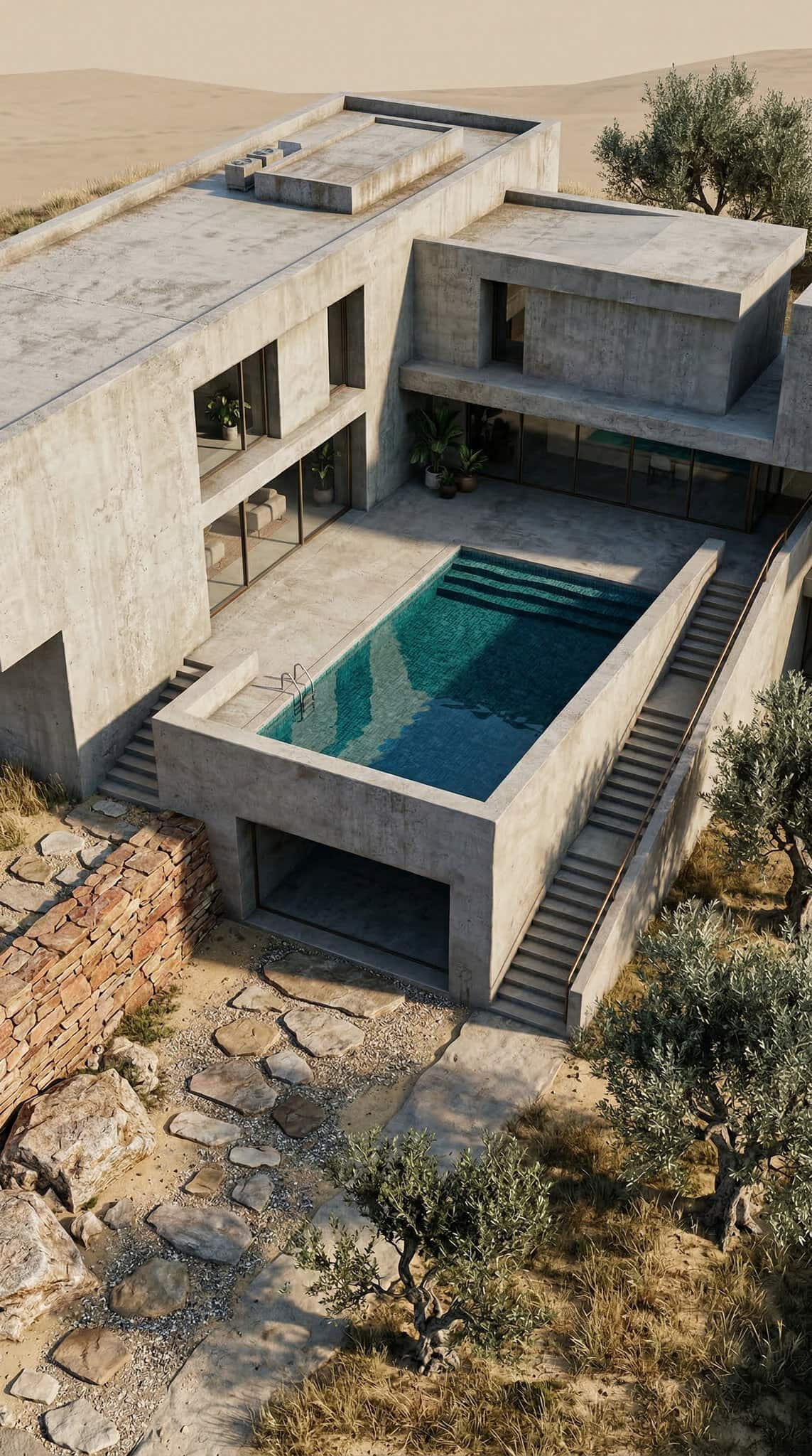 Brutalist Architecture - Pool Day View Φωτορεαλιστική εξωτερική απεικόνιση κατοικίας από εμφανές σκυρόδεμα (brutalist) με πισίνα και PBR υλικά υψηλής πιστότητας - kappataf.