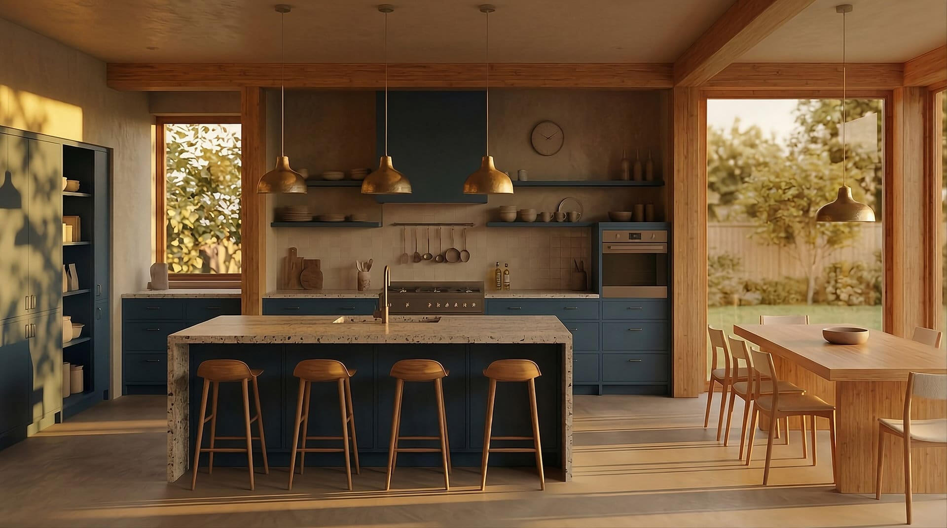 Modern Kitchen Interior - Afternoon Lighting Φωτορεαλιστική απεικόνιση κουζίνας με μπλε ντουλάπια, ξύλινες λεπτομέρειες και ζεστό απογευματινό φωτισμό - kappataf.